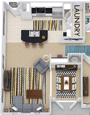 Paris with Fenced-in Yard 3D Paris with Fenced-in Yard 3D. 1 bedroom apartment. Kitchen with island open to living/dining rooms. 1 full bathroom. Walk-in closet. Patio/balcony open to yard.